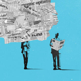 An illustration of a man is looking at a big cloud of news clippings covering another person's face