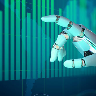 Ai Robot hand touching bar chart on board