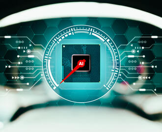 Close-up of car dashboard and digital interface with a speedometer with the letters "AI"